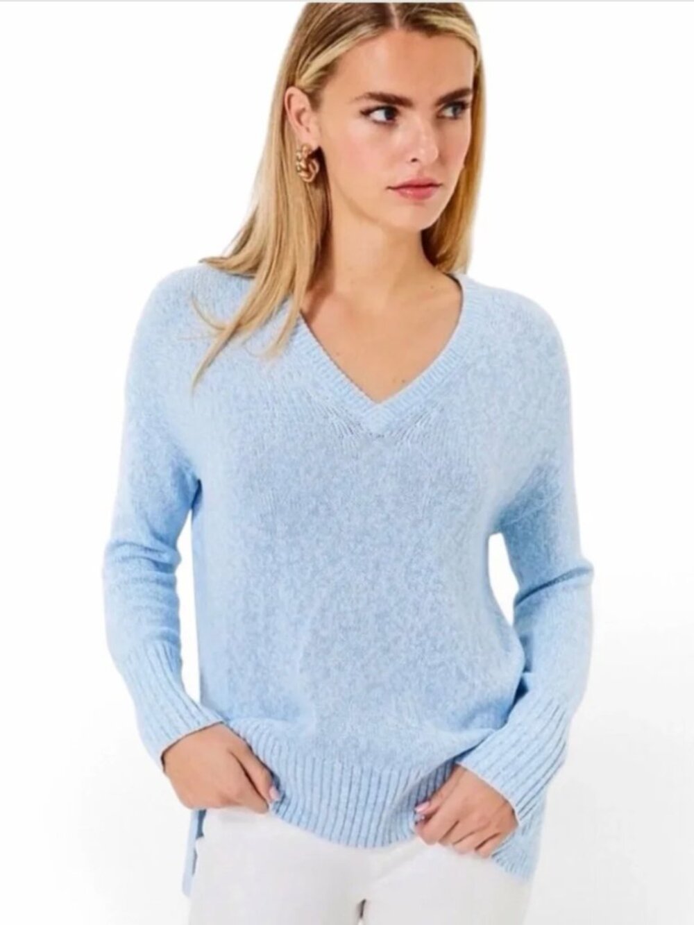 Lilly Pulitzer Bonaire Blue Marl V-Neck Soft Knit Bedford Sweater Sz M. $108 Ret